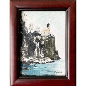 7x9 Framed Original Oil Painting Lighthouse Split Rock North Shore MN Art Signed